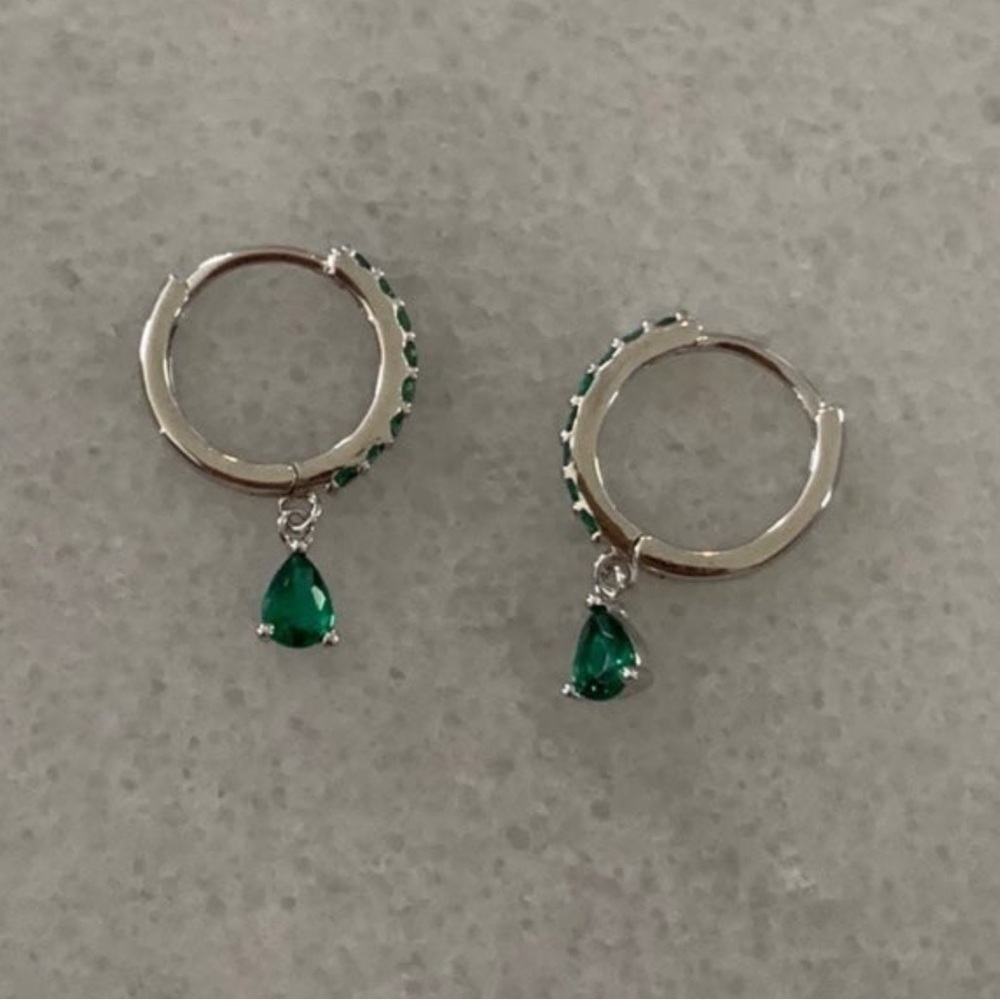 Sterling Silver Green Crystal Paved Tear Drop Dangle Huggie Hoop Earrings - Picture 4 of 4